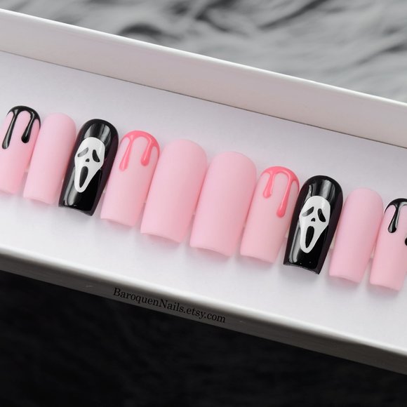 Pink Ghostface Press On Nails Halloween Horror Movie Nail Art Handmade Gel Nails - Picture 1 of 2